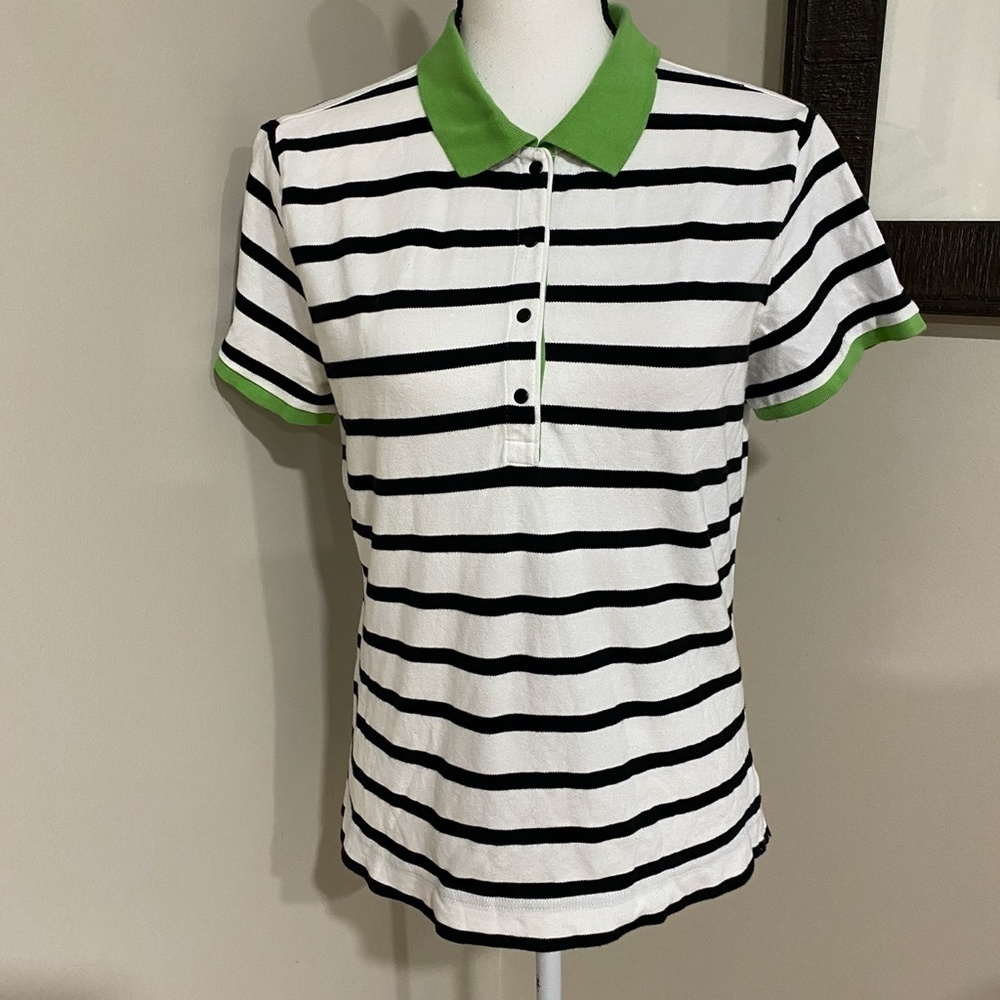 *TALBOTS* Black x White Striped Short Sleeve Polo Size Large